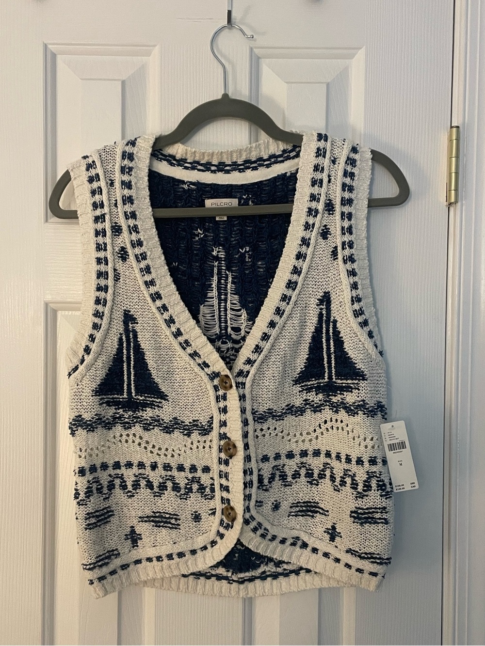 Pilcro V-Neck Sailboat Motif Cardigan Sweater Vest